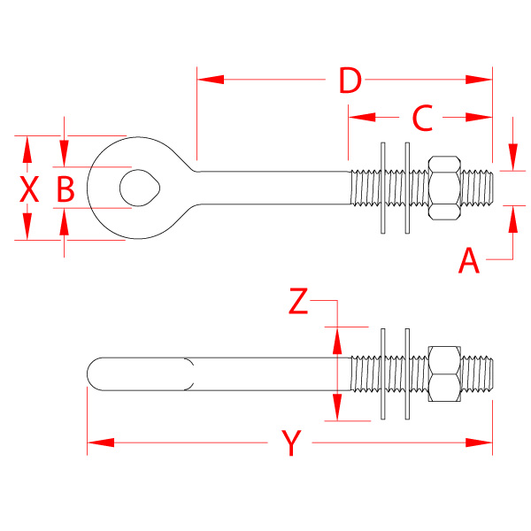 Stainless Steel Welded Eye Bolt, S0312-13075X, S0312-13100X, S0312-13125X, S0312-13150X, Line Drawing